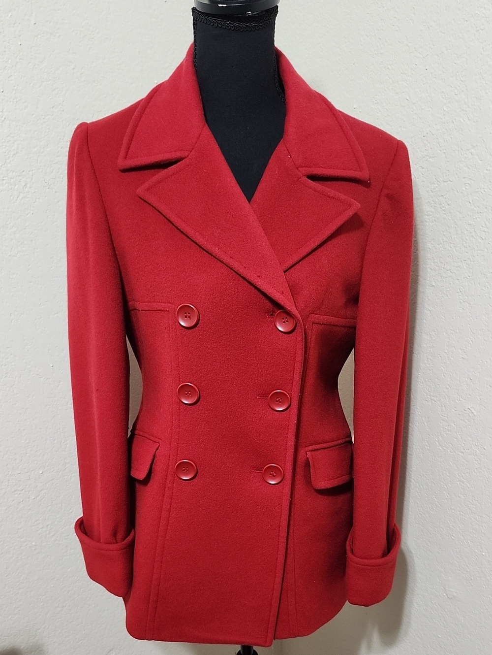 Vintage Moda International Red Wool Blend Peacoat Jacket Sz S Winter Ready